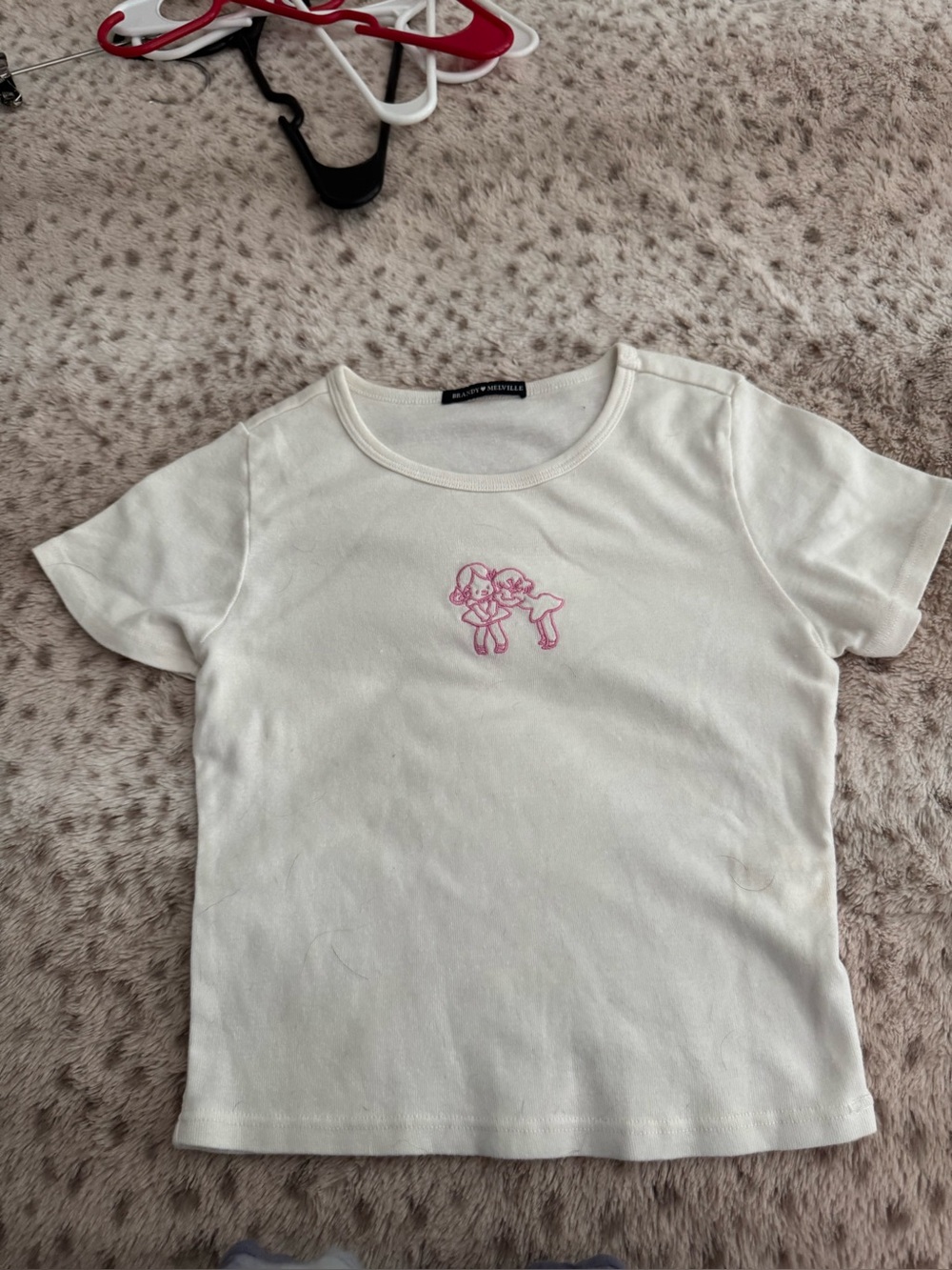 Brandy Melville Cream Short Sleeve Tee with Pink Character Graphic